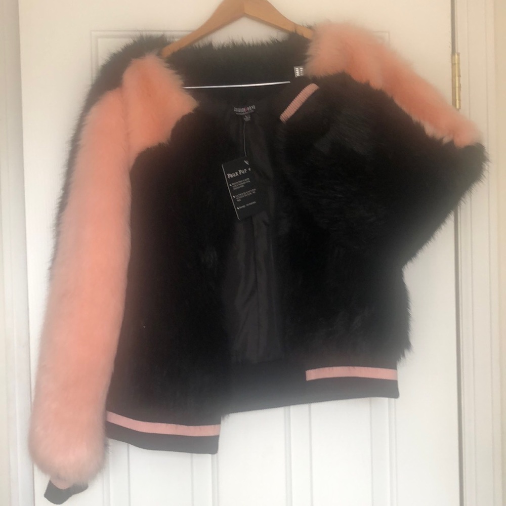 Pink/Black Faux Fur cropped Baseball Jacket